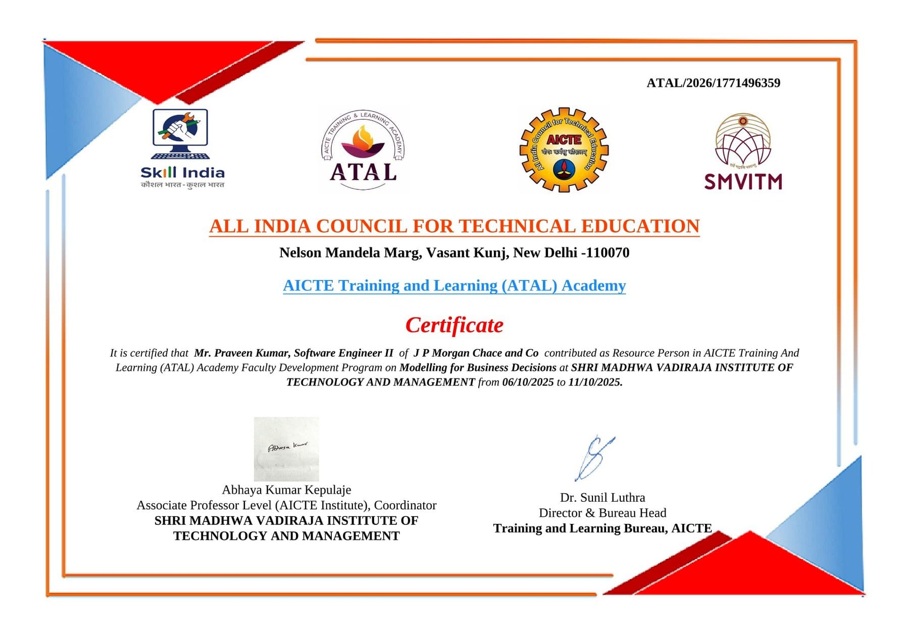 AICTE ATAL Academy certificate recognizing Praveen Kumar as Resource Person for the FDP on Modelling for Business Decisions.