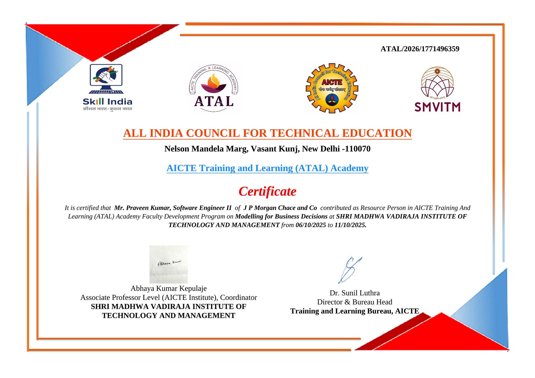 AICTE ATAL Academy certificate recognizing Praveen Kumar as Resource Person for the FDP on Modelling for Business Decisions.