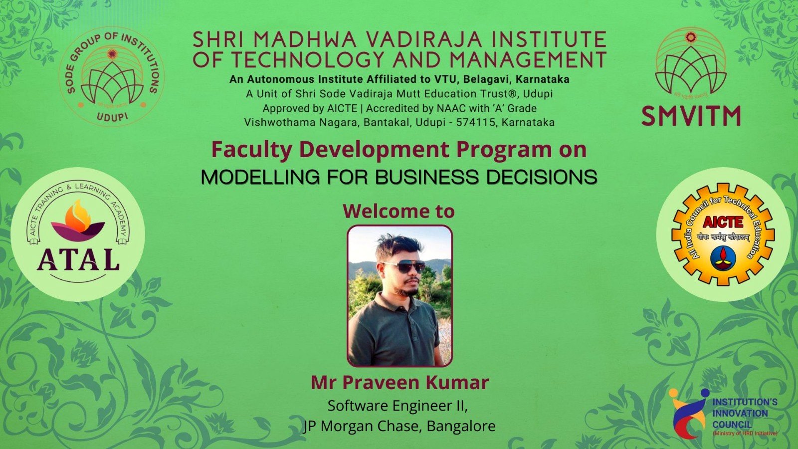 Official AICTE ATAL FDP welcome banner for the resource person session.